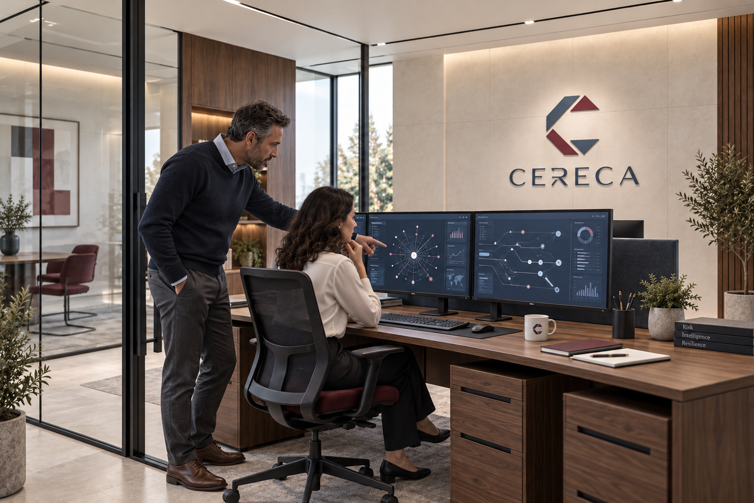 Analysts reviewing information in a CERECA branded workspace