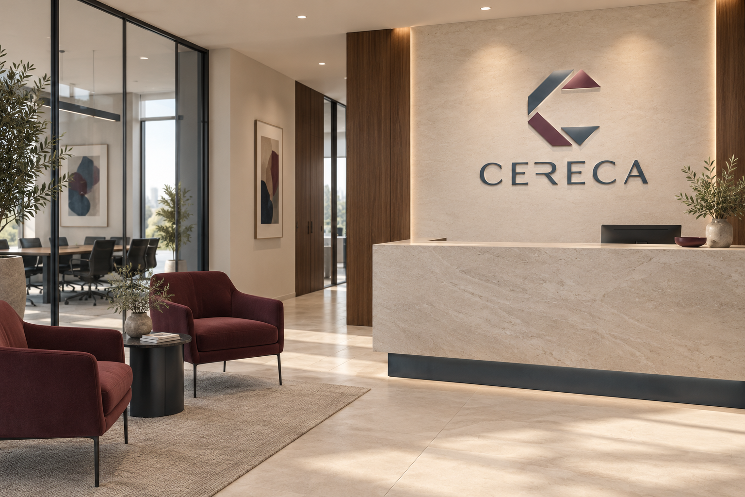 Illustrated CERECA reception with branded signage
